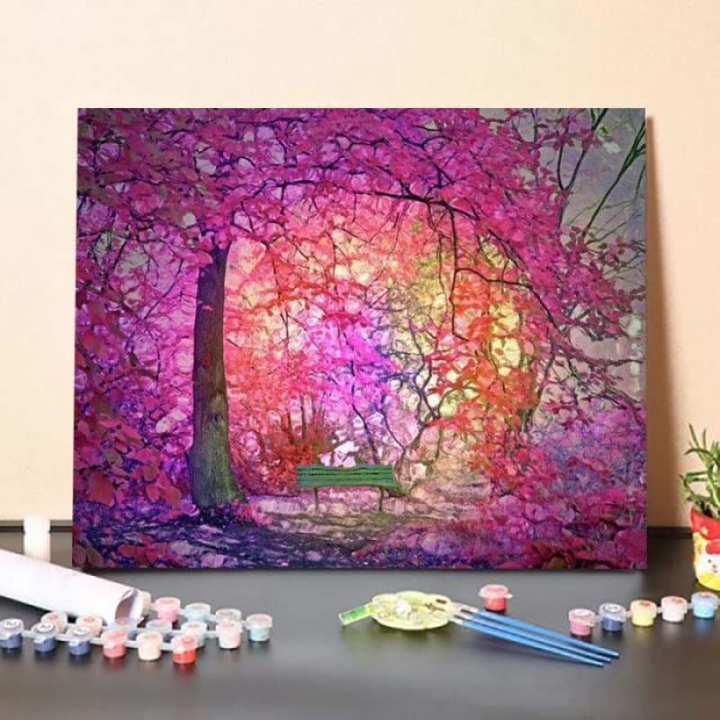 The Bench that Dreams Beneath the Pink Trees Paint By