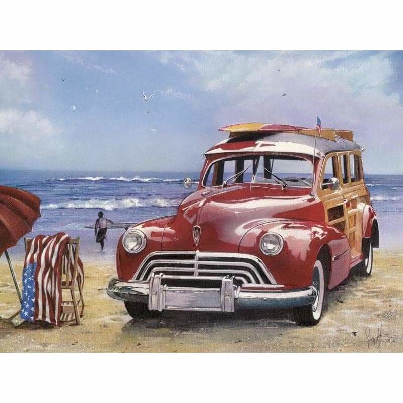 Vehicle Red Car Seaside Diy Paint By Numbers Kits PBN00212 - NEEDLEWORK KITS