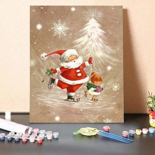 Christmas Santa Claus little girl ice skating – Paint By