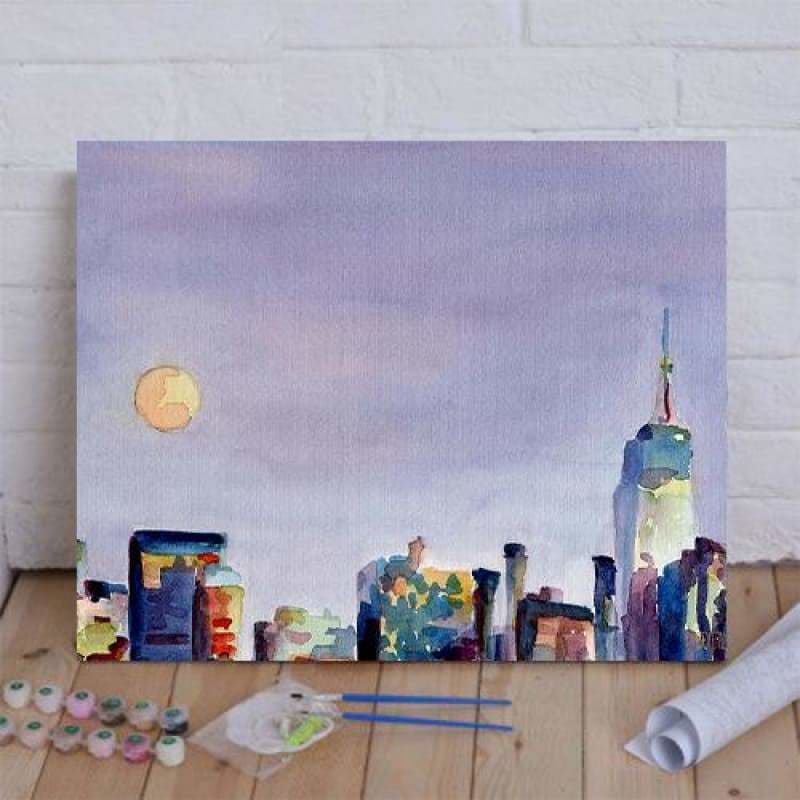 Full Moon and Empire State Building Watercolor Painting of 