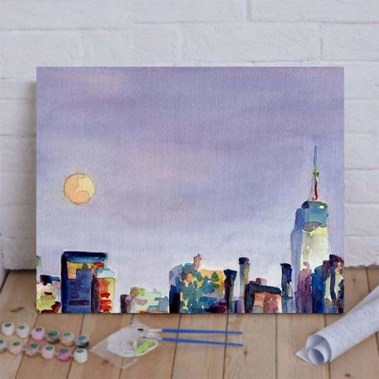 Full Moon and Empire State Building Watercolor Painting of