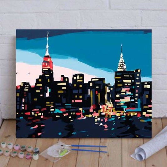 New York Skyline at Dusk in Navy Blue Teal and Pink Paint By