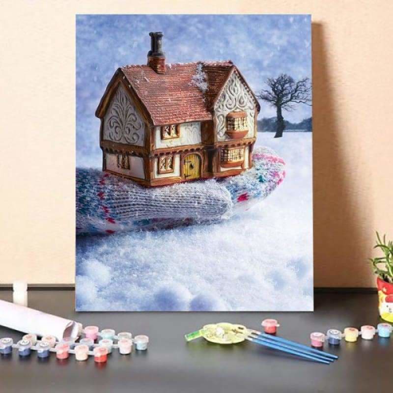 Paint By Numbers Kit-Winter Cottage In Gloved Hand