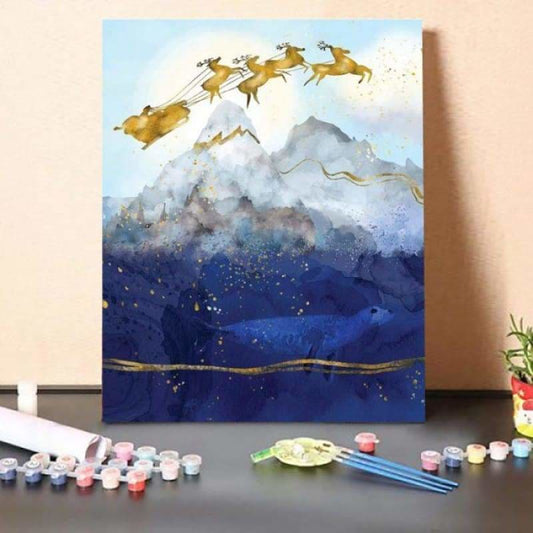 Santa Claus And His Reindeer Over The North Pole – Paint By