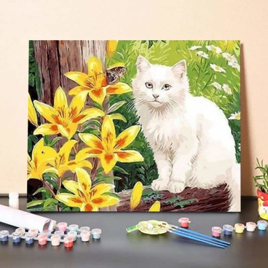 White and Yellow Flowers with White Persian Cat – Paint By